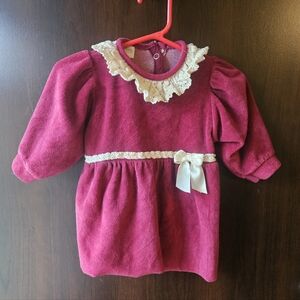 Vintage Carter's Cream and Burgundy Baby Dress With Lace And Bow Accents
